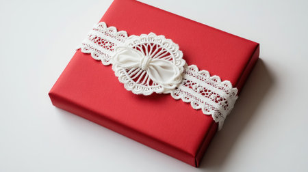 A beautifully decorated Valentine's Day gift wrapped in red paper with white lace details, placed on a white background with enough room for copy.の素材