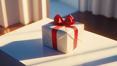 A close-up of a beautifully wrapped Valentine's Day gift with a red ribbon and gold accents, placed on a white table with room for messaging.の素材