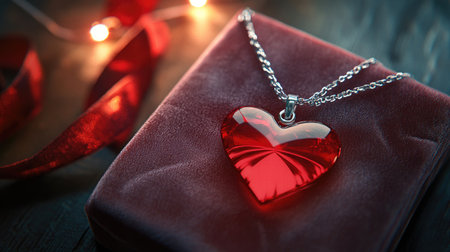 A delicate Valentine's Day gift with a red heart pendant, placed on a velvet fabric background with plenty of room for messaging.の素材