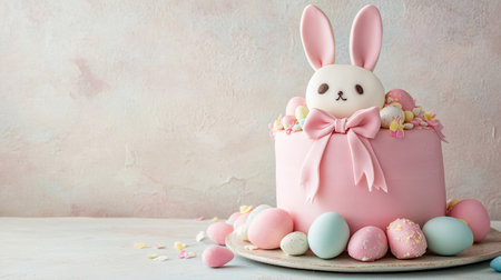 A creative Easter cake decorated with edible bunny ears, pastel-colored icing, and a fondant bow, placed on a soft, neutral background with space for text.の素材