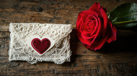 A delicate lace envelope with a heart-shaped sticker, placed next to a single red rose, symbolizing a Valentine's Day surprise for herの素材