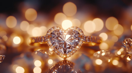 A diamond ring with a heart-shaped stone, surrounded by a soft bokeh background of lights, leaving room for messaging.の素材