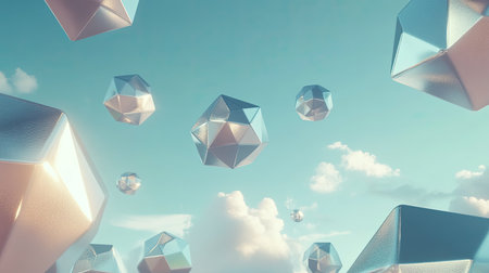 A futuristic D backdrop with floating geometric shapes in cool metallic tones, evoking a modern, sci-fi atmosphere with depth and dimensionの素材