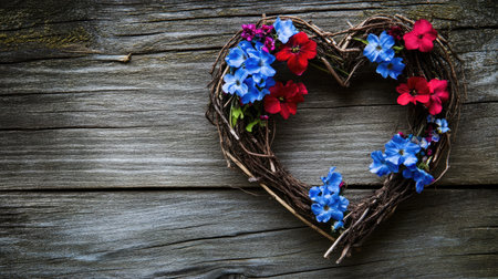 A heart-shaped wreath made from twigs and artificial flowers, resting on a wooden surface with space for personalized messages.の素材