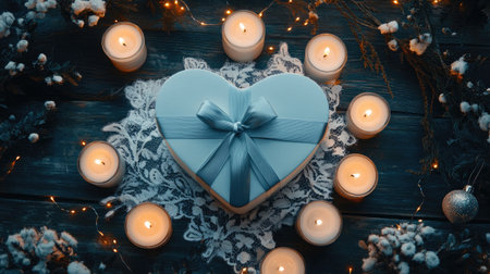 A heart-shaped gift box surrounded by flickering candles and delicate lace, creating a warm, romantic Valentine's surprise ambianceの素材