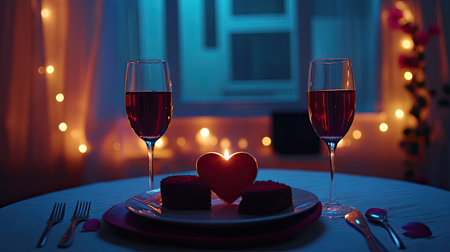 A romantic evening setup with a candle-lit table, wine glasses, and a heart-shaped dessert plate, placed on a soft fabric background with room for messaging.の素材