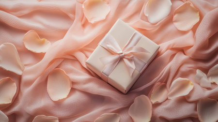 A romantic scene with a beautifully wrapped gift box surrounded by delicate rose petals on a soft, luxurious fabric background, creating a perfect Valentine's Day surpriseの素材