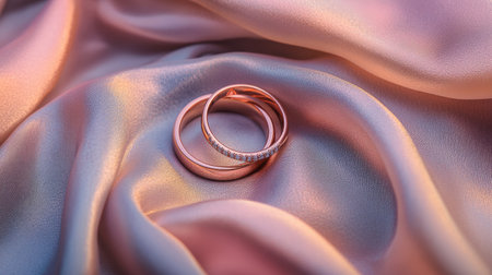 A romantic set of rose gold rings arranged on a soft, pastel-colored fabric, with room for messaging.の素材