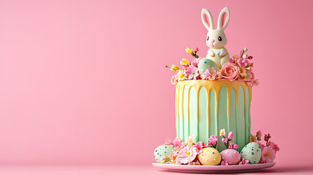 A whimsical Easter cake design featuring pastel-colored icing, bunny and egg decorations, and soft edible flowers, set on a clean background with ample space for text.の素材