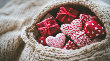 A Valentine's Day gift bag filled with red and pink wrapped presents, sitting on a soft surface with plenty of space for text.の素材