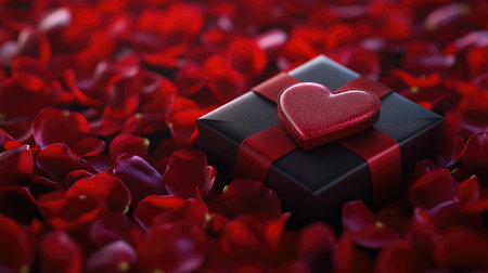 A Valentine's Day gift box with a heart-shaped tag and red ribbon, surrounded by red rose petals on a soft surface with enough room for text.の素材