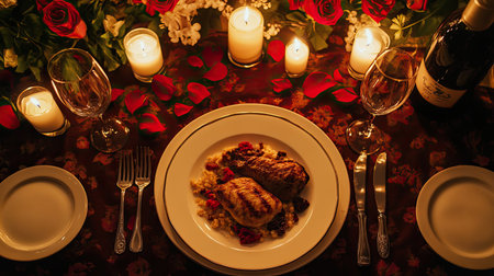 A top view of a beautifully set romantic dinner table with candles, wine glasses, and a plate of fine food, arranged for an intimate evening.の素材