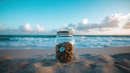 A coin jar on a beach with ocean waves in the background, symbolizing saving for travel.の素材