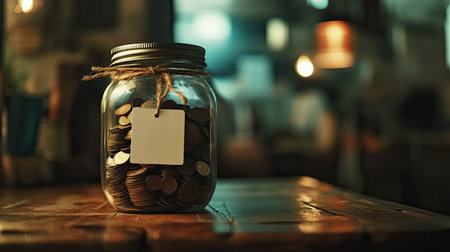 A close-up of a jar with coins and a lid, labeled with a blank tag for savings customization.の素材