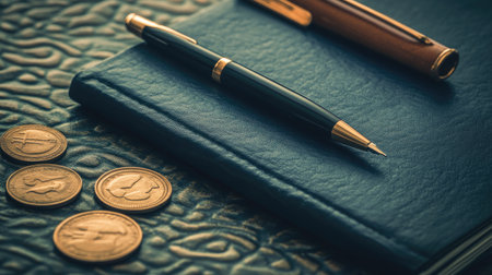 A clean flat lay of a notebook, pen, and coins on an elegant textured surface.の素材