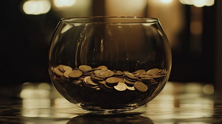 A clear glass bowl with coins spilling gracefully out, symbolizing controlled cash flow.の素材