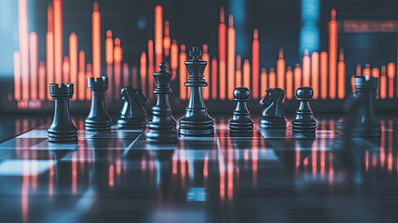 A chessboard with financial strategy icons and coins as pieces.の素材