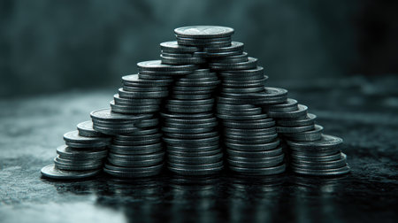 A group of coins stacked neatly on a reflective surface, forming a pyramid shape, symbolizing structured financial growth and smart savingの素材