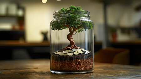 A growing tree with coin leaves planted in a clear glass jar filled with soil.の素材
