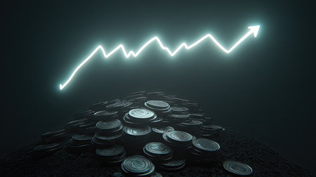 A glowing upward trend line above a pile of coins, symbolizing financial success.の素材