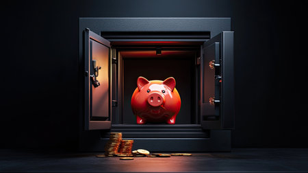 A piggy bank placed inside an open safe box with a small stack of coins beside it.の素材