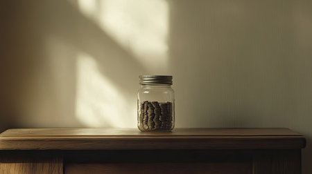 A jar of coins placed securely on a minimalist desk, symbolizing stable savings.の素材