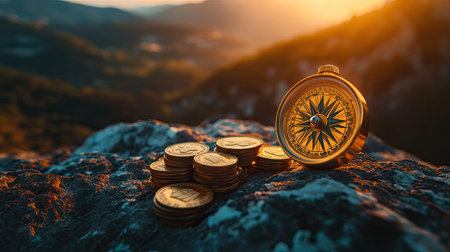 A compass on a smooth surface pointing toward a stack of coins, symbolizing direction.の素材