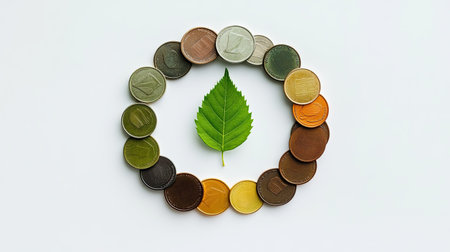 A flat lay of coins arranged in a perfect circle with a single green leaf in the center, symbolizing eco-saving.の素材
