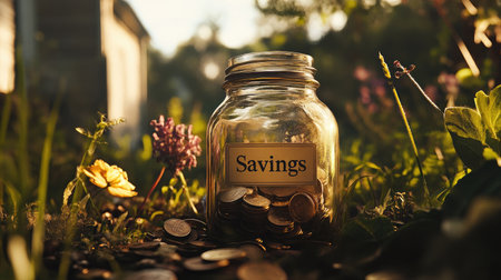 A jar labeled Savings surrounded by scattered coins and bar graph overlays.の素材