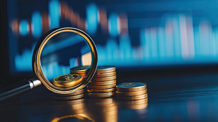 A magnifying glass focusing on stacked coins with investment charts in the background.の素材