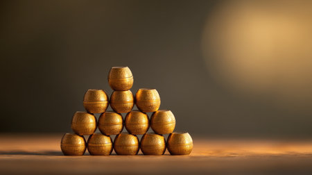 A neatly arranged stack of gold coins forming a pyramid, symbolizing secure foundations.の素材