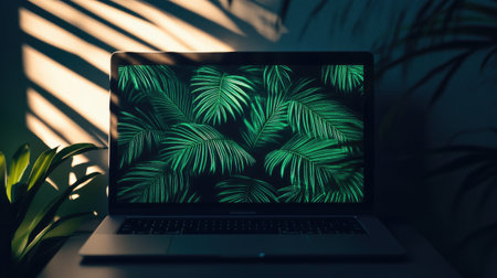 A clean, minimalistic flatlay of a laptop screen displaying AI-powered image segmentation algorithms with room for text at the top or sides.の素材