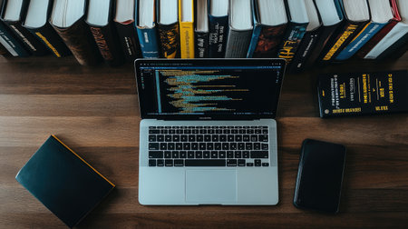 A flatlay of an open laptop running Natural Language Processing software, surrounded by books on data science, neural networks, and natural language.の素材