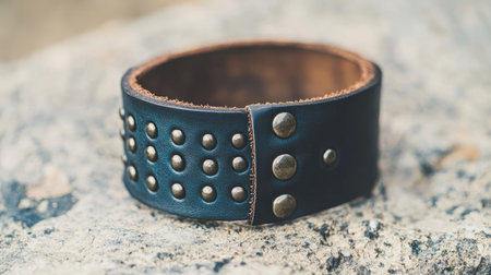 A single leather cuff bracelet with metal rivets arranged on a light gray stone surface, offering a rugged and modern feel.の素材