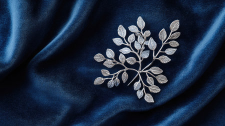 A single silver brooch with intricate floral details placed on a soft velvet background in deep blue.の素材