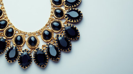A stylish choker necklace with black stones placed neatly on a soft gray background with ample space for text.の素材