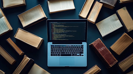 A top-down view of a workspace with a laptop showing NLP code for sentence parsing, surrounded by empty books and clean workspace for text.の素材