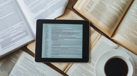Close-up top view of a digital tablet displaying NLP algorithm code, surrounded by open books, research papers, and a cup of coffee. Clean background space available.の素材