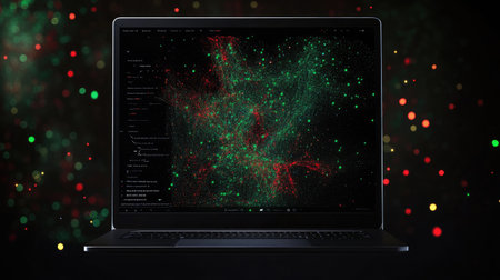 Close-up top-down view of a laptop running image analysis tasks for image recognition and pattern detection, leaving plenty of white space for text.の素材