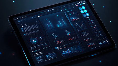 Top view of a tablet screen displaying NLP algorithm tasks like sentiment analysis and text categorization, with space around it for information.の素材