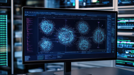 Overhead view of a computer monitor showing AI image detection algorithms in action, with graphs and image samples, leaving ample space for copy.の素材