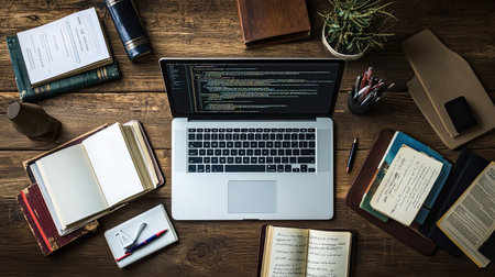 Overhead shot of a desk with an open laptop showing Python code related to NLP, surrounded by books and a pen, with plenty of white space for text.の素材