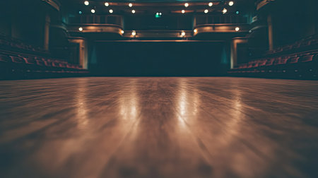 Flatlay of an orchestra concert hall with soft lighting, polished floors, and space for text or a logo in the center.の素材