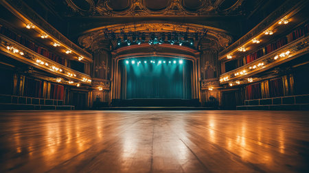 Flatlay of a classical concert hall with ornate woodwork and elegant lighting, providing clean space for text or logo.の素材