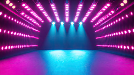 Flatlay of an energetic music stage with flashing lights in vibrant hues, creating space for text placement in the center.の素材