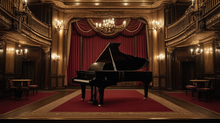 Flatlay of a classical concert venue with a grand piano and orchestral setup, providing room for copy or branding in the center.の素材
