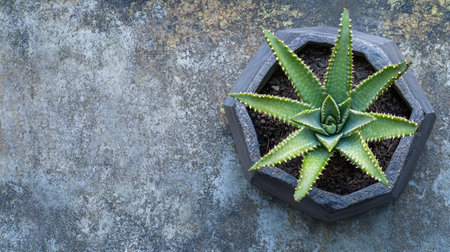 Flatlay of a cactus plant in a geometric pot on a stone surface, offering ample space for text.の素材