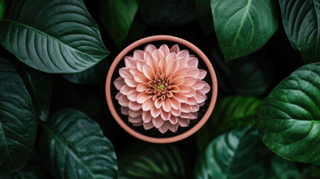 Flatlay of a blooming flower in a pot surrounded by leaves, offering ample space for copy or logo.の素材