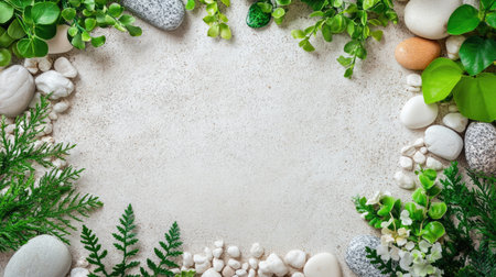 Flatlay of green foliage arranged with decorative stones, offering space for branding.の素材