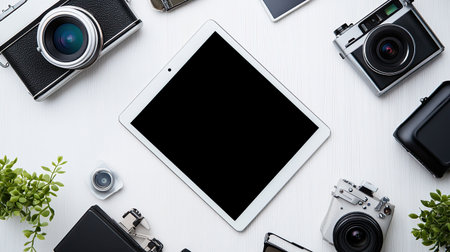 Overhead shot of a clean workspace with a tablet running AI tools for video generation, with video frames visible, offering plenty of copy space.の素材